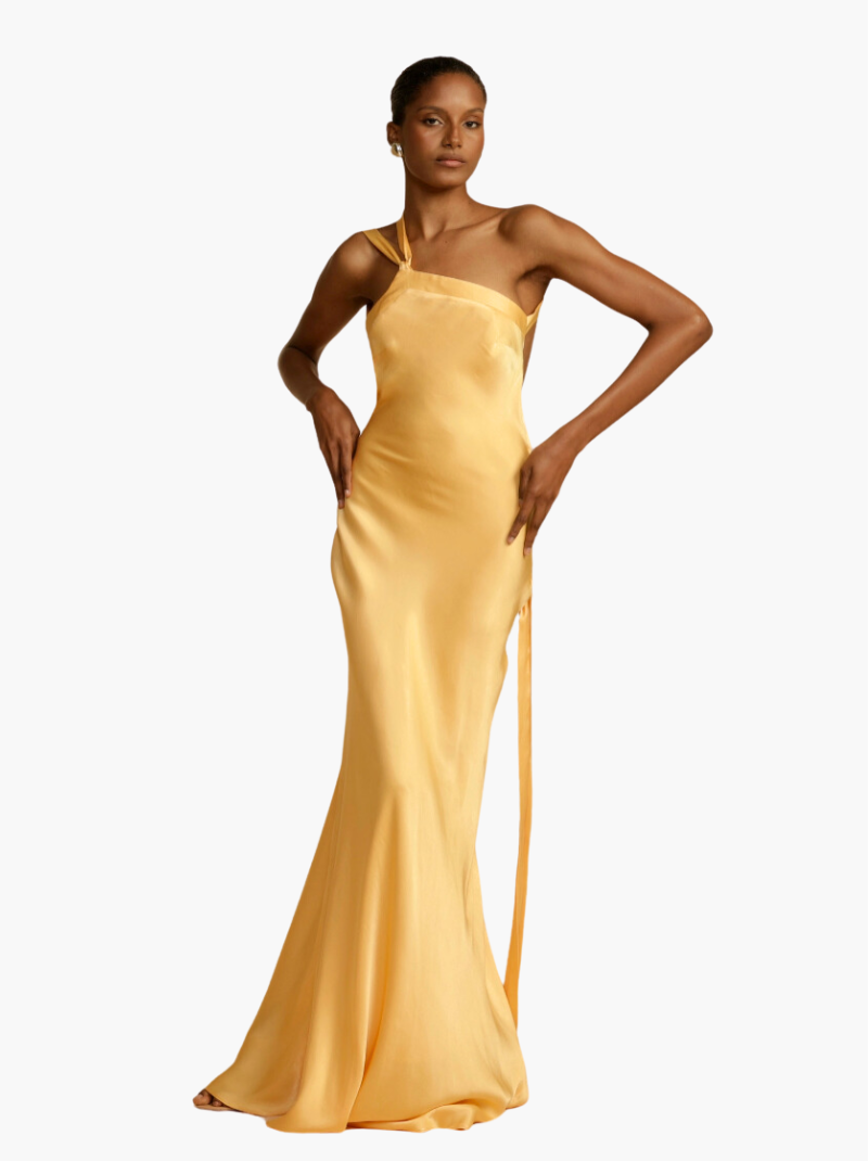 Monique | Elegancka satynowa sukienka na jedno ramiączko z rozcięciem