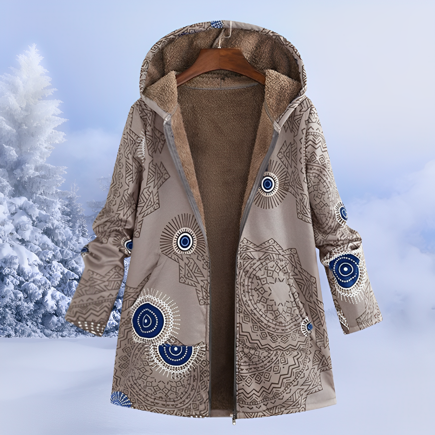 Aria – Patterned Fleece-Lined Hooded Winter Coat for Women
