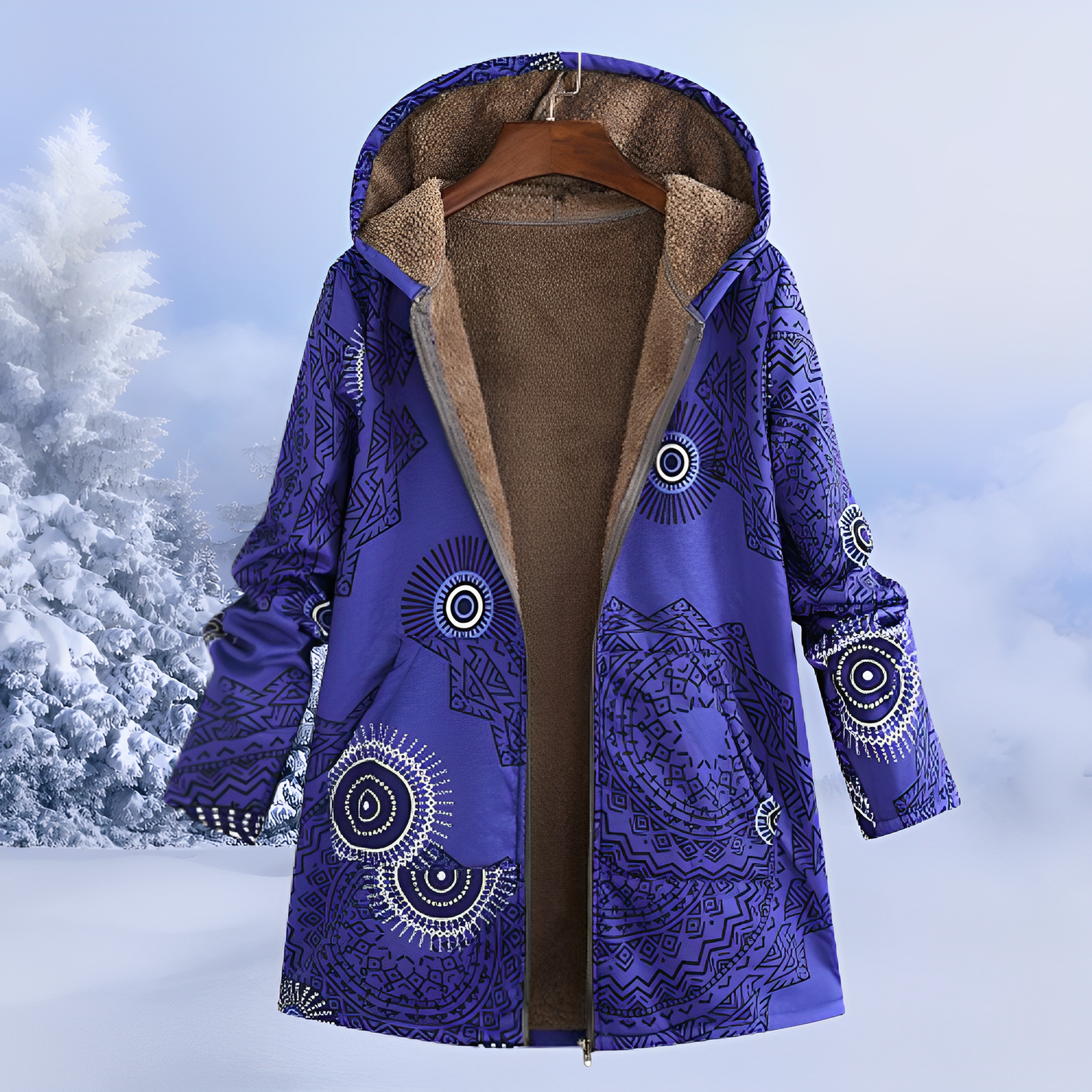 Aria – Patterned Fleece-Lined Hooded Winter Coat for Women