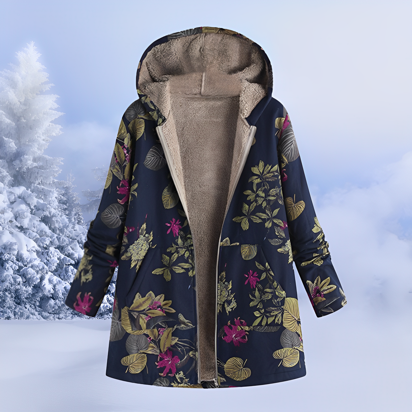 Aria – Patterned Fleece-Lined Hooded Winter Coat for Women