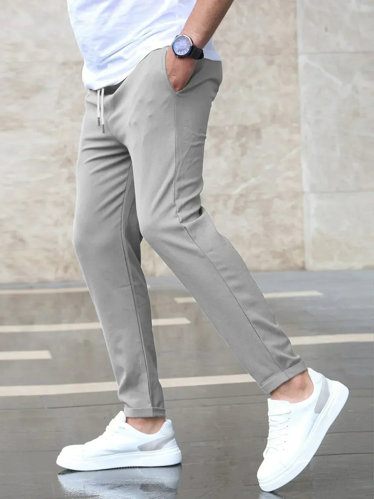 Leon - Spodnie męskie slim fit z elastycznym pasem i wiązaniem