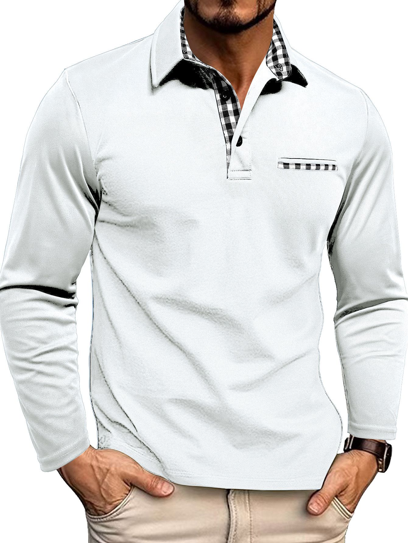 Henry – Checked-Detail Long Sleeve Polo Shirt for Men