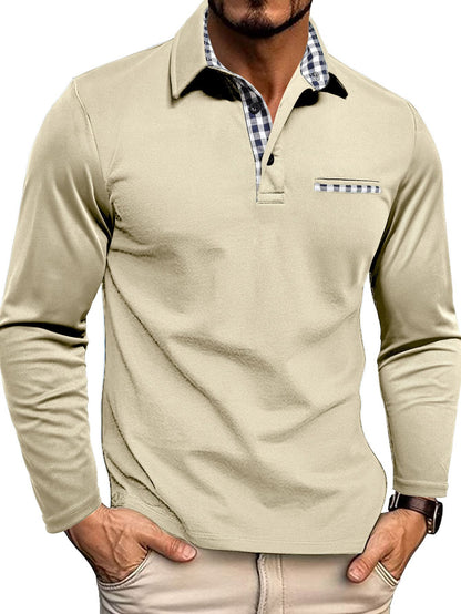Henry – Checked-Detail Long Sleeve Polo Shirt for Men