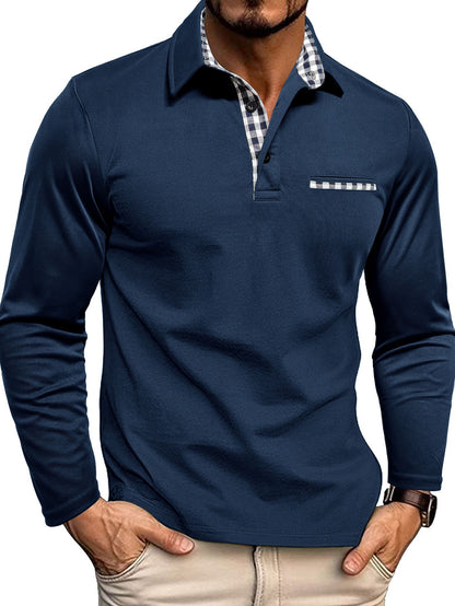 Henry – Checked-Detail Long Sleeve Polo Shirt for Men