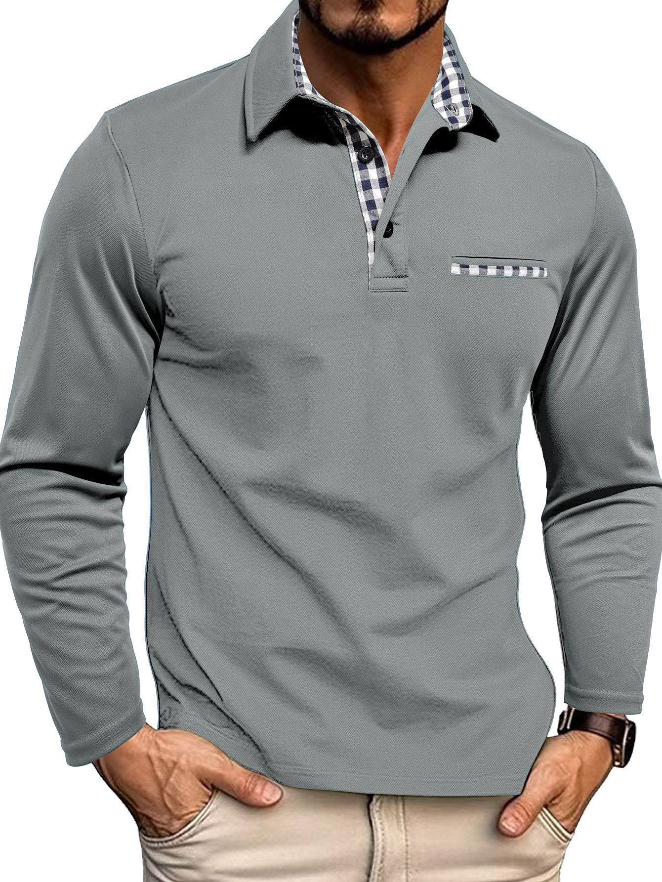Henry – Checked-Detail Long Sleeve Polo Shirt for Men