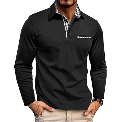Henry – Checked-Detail Long Sleeve Polo Shirt for Men