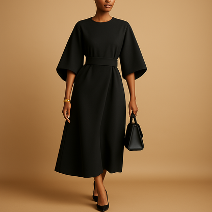 Elegant A-line midi dress for women with flowy sleeves and waist belt, perfect for office wear, dinners, and semi-formal occasions.