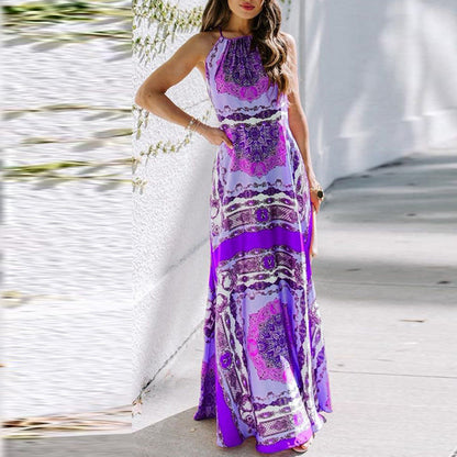 Layla - Boho sukienka maxi z nadrukiem na ramiączkach