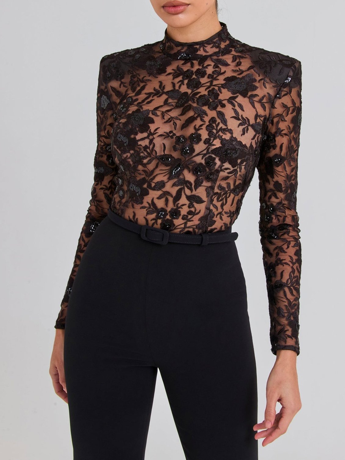 Victoria – Sheer Floral Lace Bodysuit & High-Waist Flared Trousers Set for Women