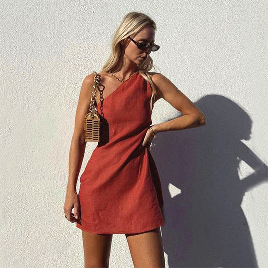 Danica - Lniana sukienka mini na jedno ramię