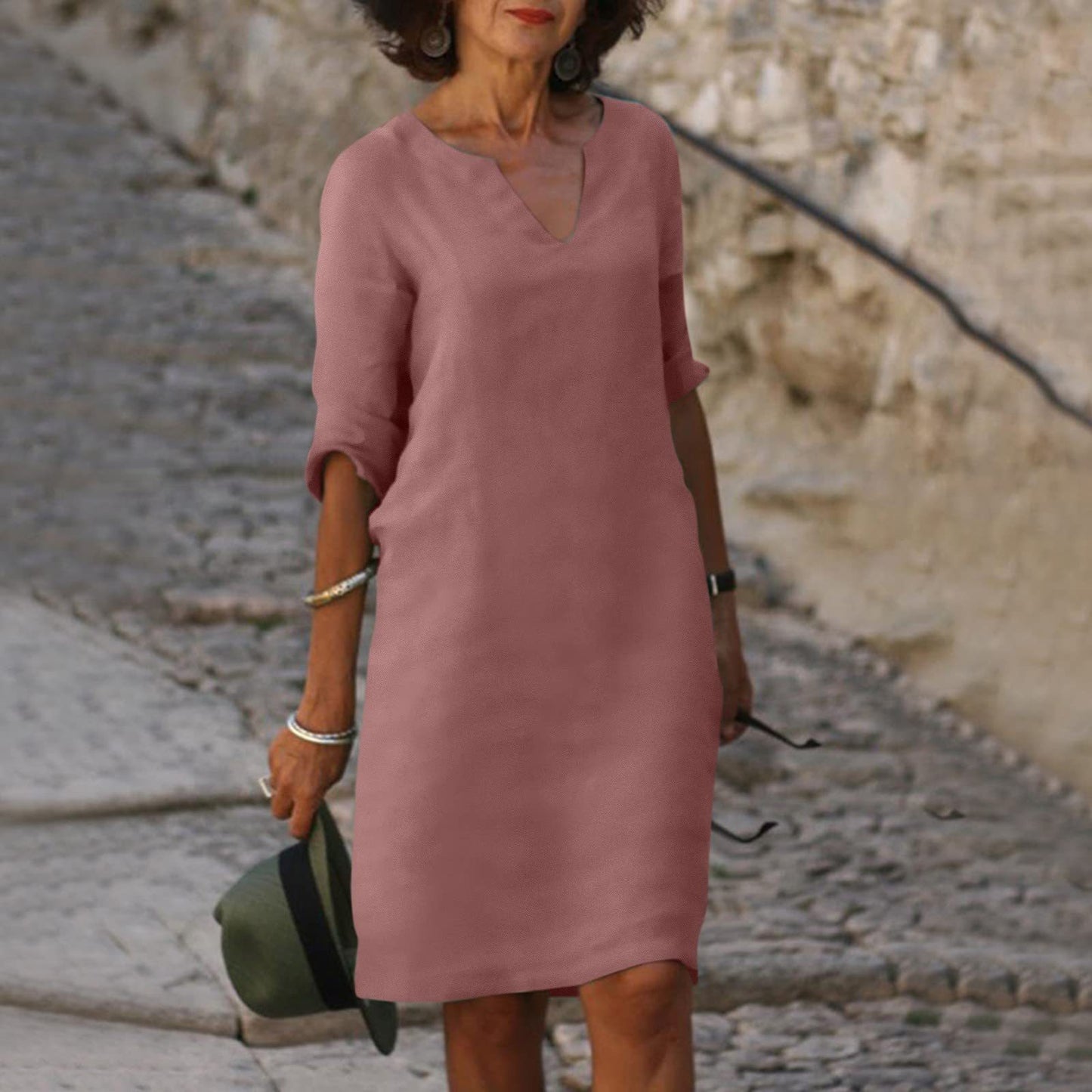Lina – Lniana sukienka mini z rękawem 3/4
