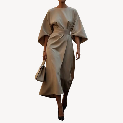 Celeste – Belted Midi Dress with Draped Sleeves for Women