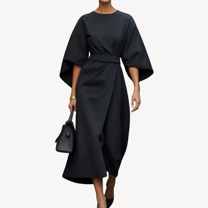 Celeste – Belted Midi Dress with Draped Sleeves for Women