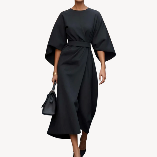 Celeste – Belted Midi Dress with Draped Sleeves for Women
