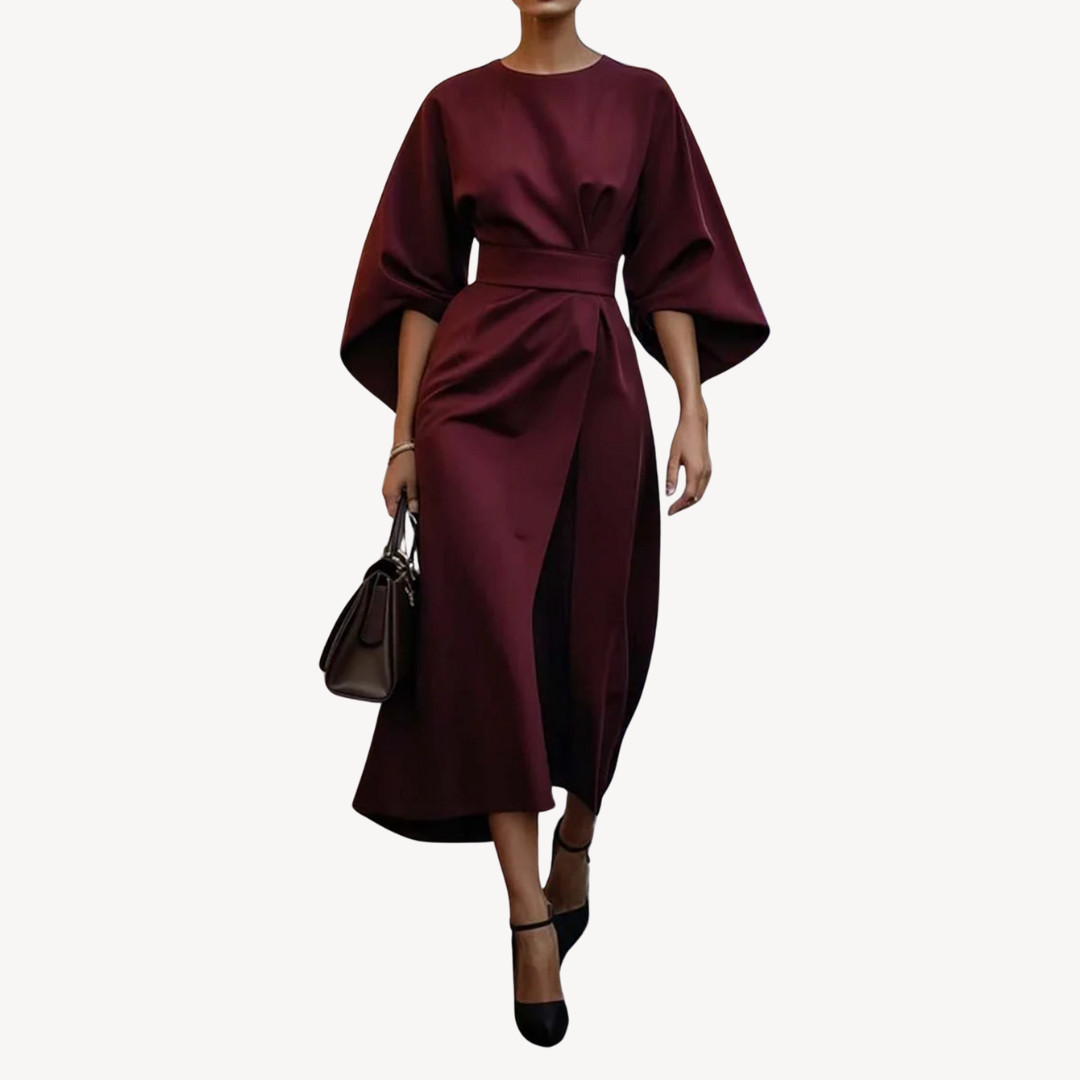 Celeste – Belted Midi Dress with Draped Sleeves for Women