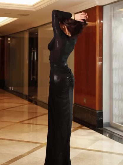 Serena – Deep-V Velvet Long-Sleeve Evening Gown for Women