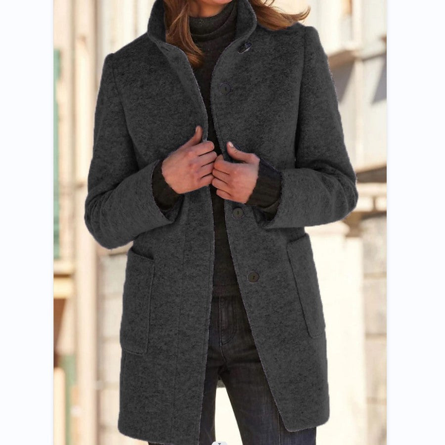 Sara - Abrigo de lana vintage con cuello alto y botones sólidos para mujer Gris