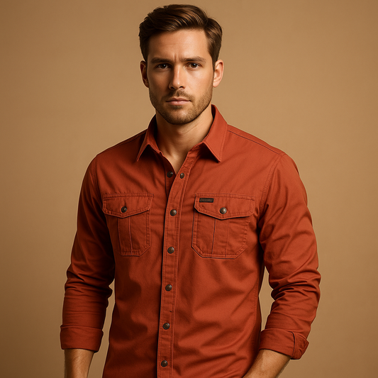 Men’s casual cotton cargo shirt with relaxed fit and chest pockets, available in Red, Army Green, Black, Khaki, Navy Blue, Dark Grey, and Off-White. Perfect for outdoor and casual wear.