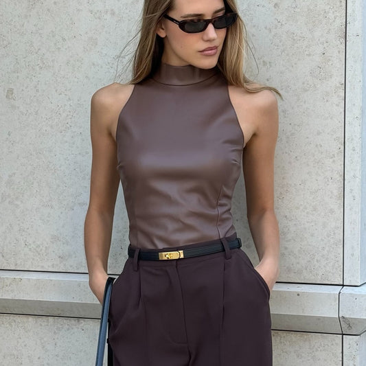 Marlena – Skórzana bluzka bez rękawów ze stójką