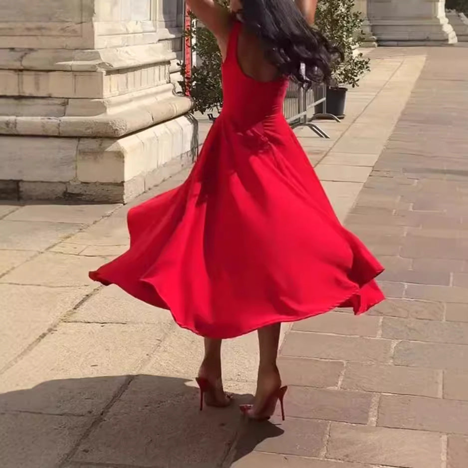 Gabriela - Czerwona sukienka midi na ramiączkach