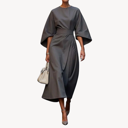 Celeste – Belted Midi Dress with Draped Sleeves for Women