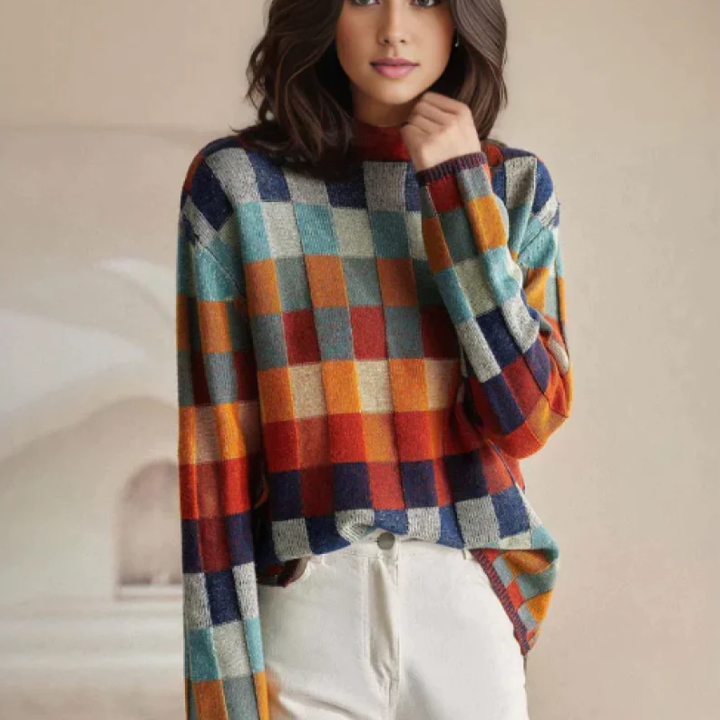 Maya - Damski sweter oversize w kolorową kratę