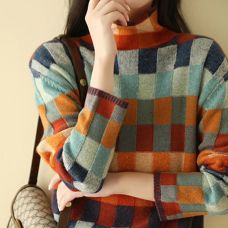 Maya - Damski sweter oversize w kolorową kratę