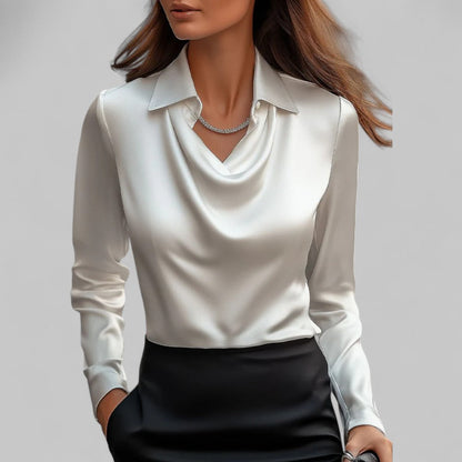 Victoria – Satin Drape-Collar Long Sleeve Blouse for Women
