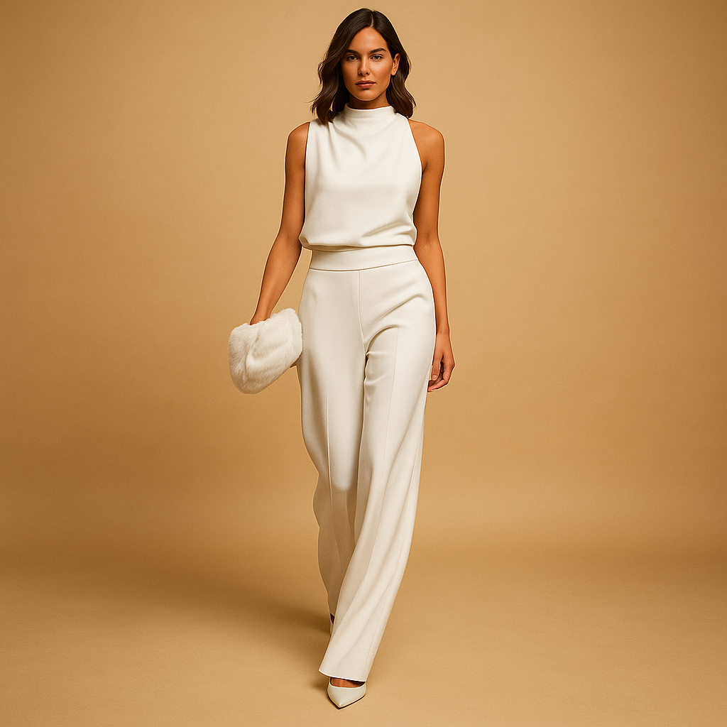 Serena – Elegant Sleeveless High-Neck Top & Wide-Leg Pants Set for Women