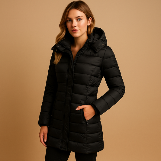 Women’s lightweight quilted puffer jacket with natural filling, modern design, and vibrant seasonal colors. Ideal for work, leisure, and city walks.