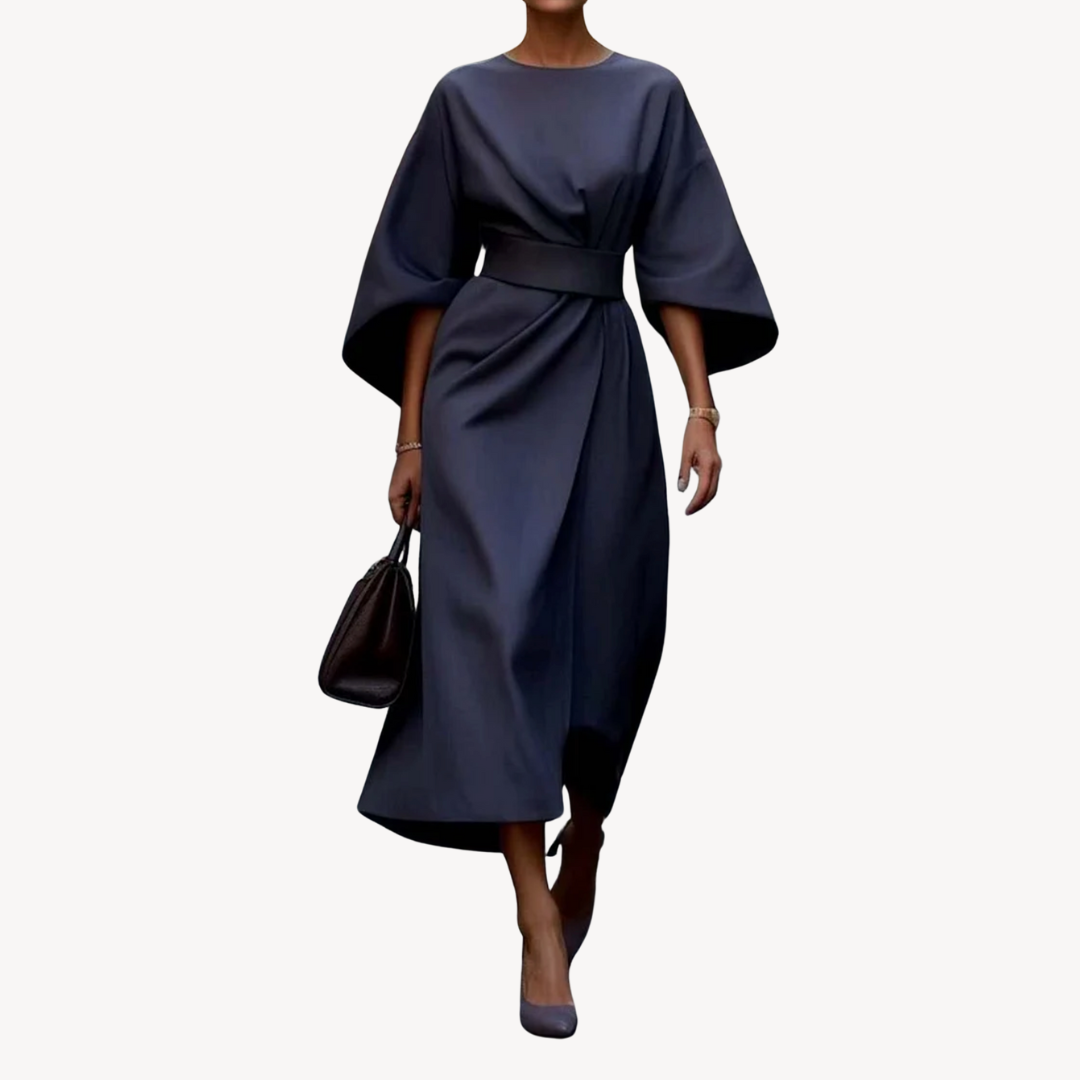 Celeste – Belted Midi Dress with Draped Sleeves for Women