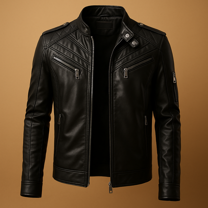 Men’s padded leather jacket in premium durable leather with stand-up collar, zipper closure, and timeless design for casual or formal wear.