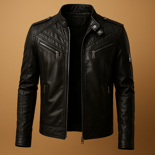 Men’s padded leather jacket in premium durable leather with stand-up collar, zipper closure, and timeless design for casual or formal wear.