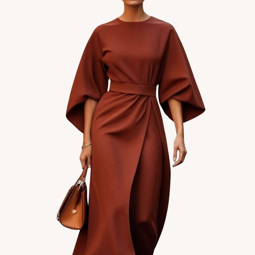 Celeste – Belted Midi Dress with Draped Sleeves for Women