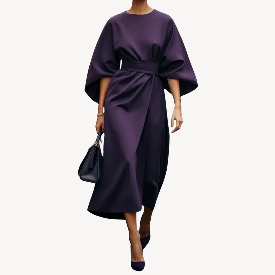 Celeste – Belted Midi Dress with Draped Sleeves for Women